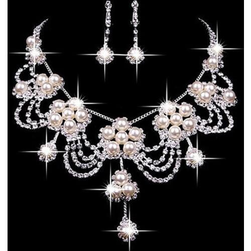 Women\s Luxury Rhinestone Faux Pearl Necklace Earring Wedding Bridal Jewelry Set