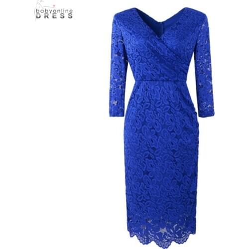 New Elegant V Neck Lace Evening Dresses Three Quarter Sleeve Lace Pattern Shelth Women Mother Of The Bride Gown Vestido de Festa