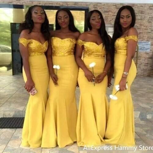2020 New African Yellow Cheap Mermaid Bridesmaid Dresses Off Shoulder Sequined Satin Wedding Party Gowns Formal Gowns Maid Of Ho