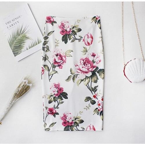 2020 Casual High Waist Vintage Elegant Bodycon Floral Print Midi Skirt elastic white pencil slit office skirts womens C513