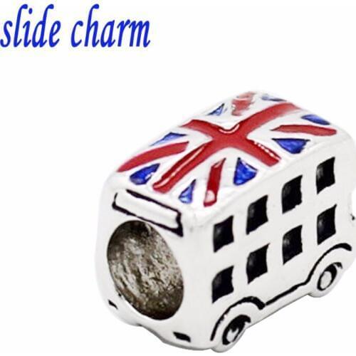 Slide charm Free shipping British flag double bus car charm beads fit Pandora bracelet