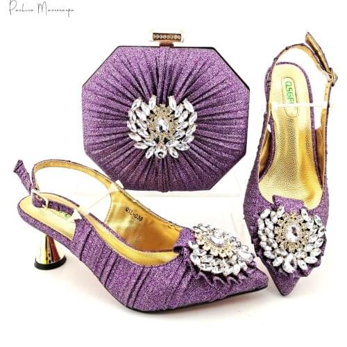 Italian Design 2021 New Arrival Colorful Crystal Decoration Style Elegant L.Purple Color Party Wedding Ladies Shoes and Bag Set