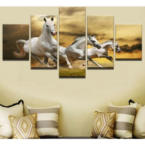 Canvas Painting Cuadros Home Decoration 5 Panel Animal Horses Wall Art Modular Pictures Painting For Living Room Printed