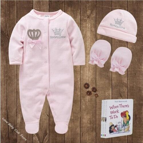 Baby Girls Boys Rompers Royal Crown Clothing Sets with Cap Gloves Infant Newborn One-Pieces Footies Overall Pajamas Velour