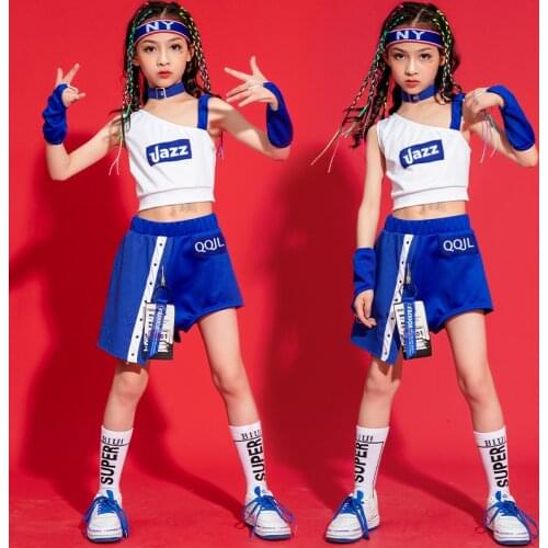Children Cool Hip Hop Clothing White Tank Top Crop Streetwear Blue Summer Shorts for Girls Jazz Dance Costume Set Clothes