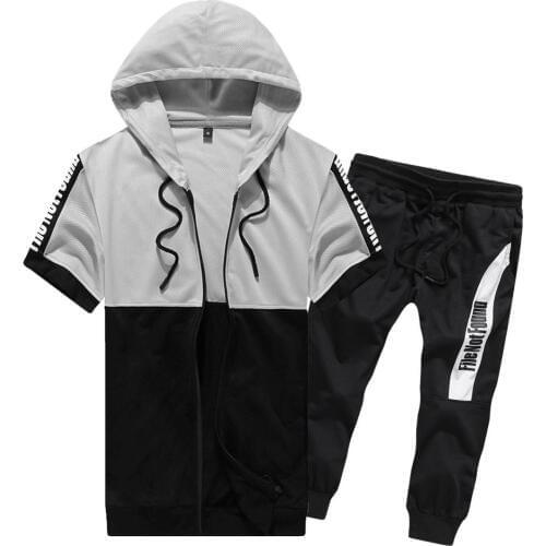 Hooded Short Sleeve 2pcs Suit Cardigan Zipper Hooded Contrast Color Short T-shirt English Printed Cropped Trousers for Sports
