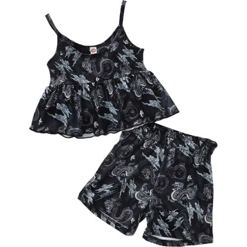 2 Pcs Baby Girls Summer Outfits, Dragon Print U-shaped Neck Spaghetti Strap Camisole + Shorts