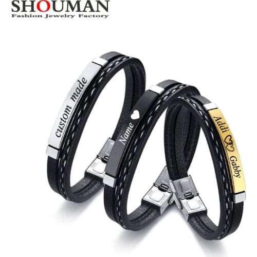 SHOUMAN Personalized Custom Name Men And Women Couple Multi-layer Leather Bracelet Stainless Steel Fashion Casual Jewelry gift