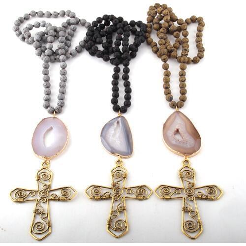 Fashion Bohemian Jewelry Lava Stone Long Knotted big Druzy Link Cross Pendant Necklaces
