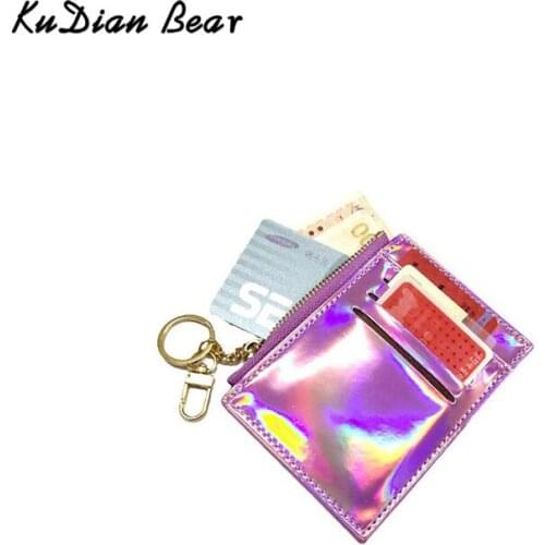 KUDIAN BEAR Fashion Laser Card Holder Male Women Coin Bag Purse With Zipper Short Men Wallet Keychain FED780 PM49