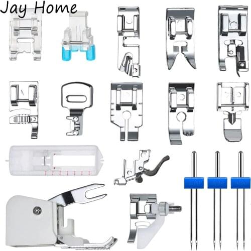 15PCS Sewing Machine Presser Walking Feet Kit with 3PCS Sewing Machine Twin Needles for Snap-On Low Shank Sewing Accessories