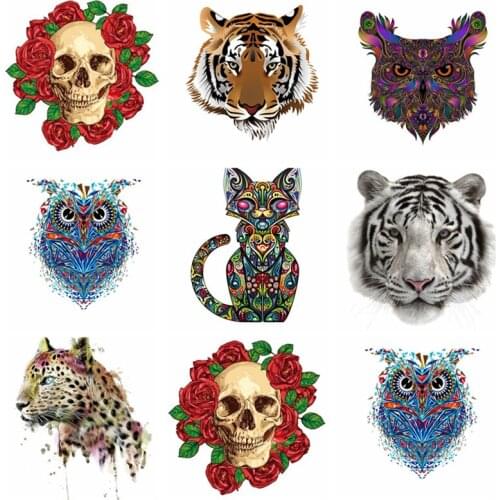 Tiger Skull Patch Heat Transfer Vinyl Iron On Transfer For Clothes Cartoon Cat Owl Badge Ironing Stickers Applique Accessories