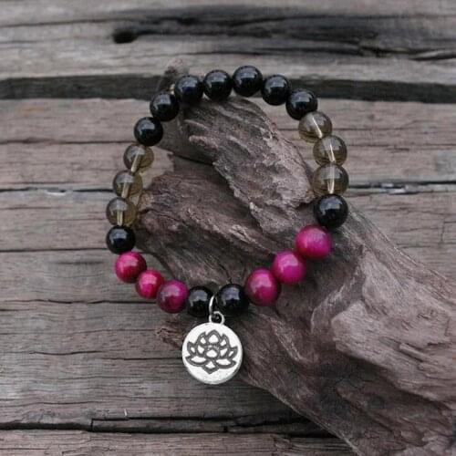 Natural Stone 8MM Tiger Eye Black Onyx Bracelet Lotus Pendant Round Bead Bracelets Mala Beads Fashion Bangles