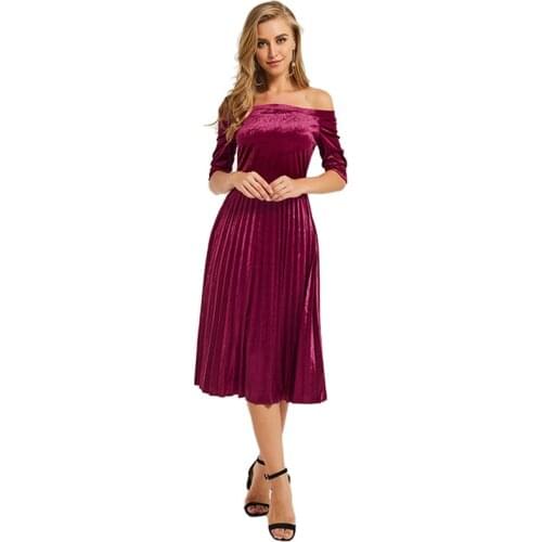 TMWEVN Women Dress Pleated Velvet Casual Dresses Half Sleeve Slash Neck Elegant Sexy Vestido