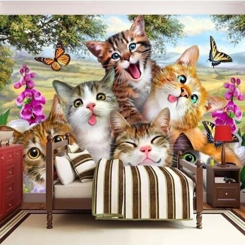 Dropship Custom Any Size 3D Photo Wallpaper Cute Cartoon Cat Self Portrait Childrens Room Living Room Wallpapers for Bed Room