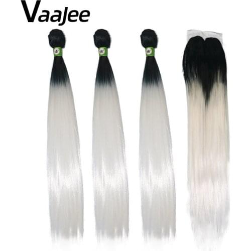 VaaJee Synthetic Hair Bundles with Closure White Straight Hair Bundles with Lace Closure 14" 16" 18" Hair Weave Extensions 4pcs