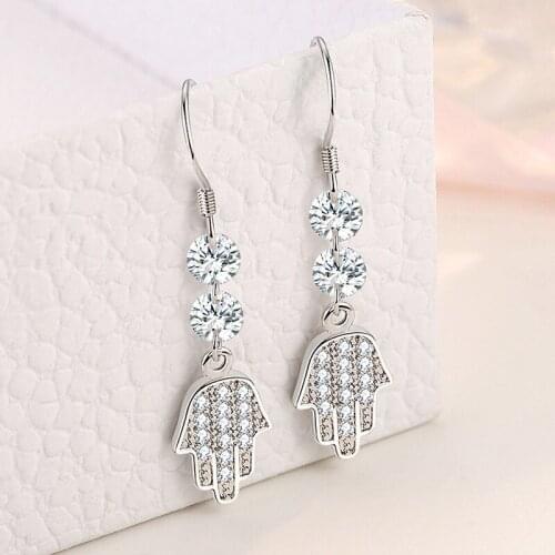 925 Sterling Silver Crystal Fatima Hamsa Hand Piercing Drop Earring For Women Wedding Party Elegant Jewelry Pendientes eh953