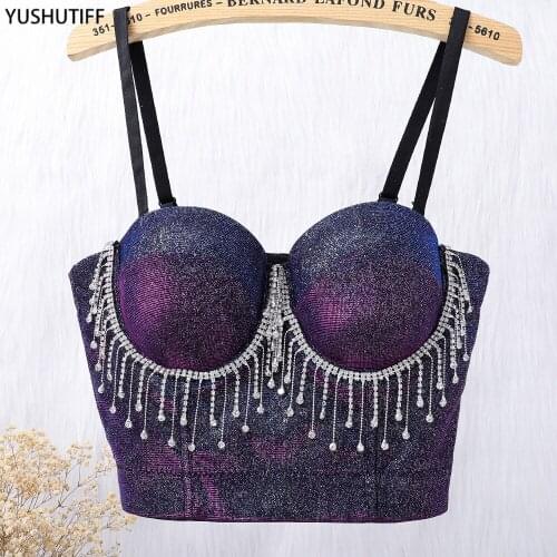Bright METALLIC YARN Tassel Rhinestones Crop Tops With Built In Bra Strap Top Push Up Bralette Nightclub Sexy Performance Tops