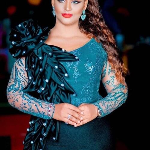 African Mermaid Evening Dresses With handmade Flowers Tiered Beadsa Prom Dress Long Lace Long Sleeves Aso Ebi robe longue