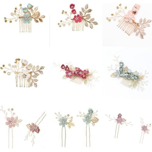 Blue Hot pink Mint Lavender Flower Hair Combs Headdress Prom Bridal Wedding Hair Accessories Gold Leaves Hair Jewelry Hair Pins