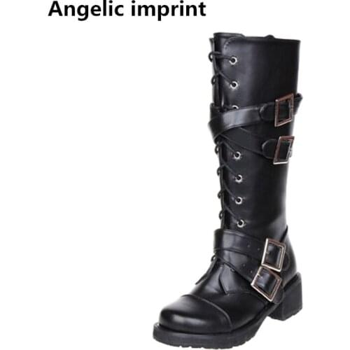 Angelic imprint new Handmade mori girl Women motorcycle punk shoes lady lolita Boots woman mid heels pumps buckle black 33-47