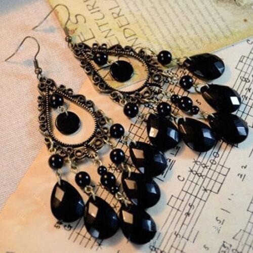 2019 New Retro Fashion Hollow Tassel Earrings Long Big Hanging Luxury Vintage Big Black Water Drop Earrings With Stone For Women