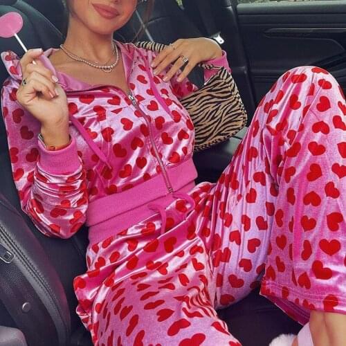 Heart Print Casual Sport Set 2021 Autumn Streetwear Zipper Short Hooded Cardigan and Lace Long Sweatpants Pink Womens Tracksuit