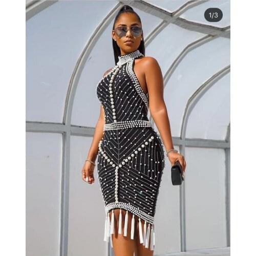 High Quality Black White Sexy Rayon Bandage Dresses women Party Night Club Beading Elegant Club Party Dress