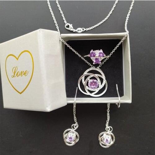 1 Set With Box Earrings Pendant Necklace Rings Size 7 Heart Purple Birthday Gift Silver Color Women Crystal Stone Jewelry Set