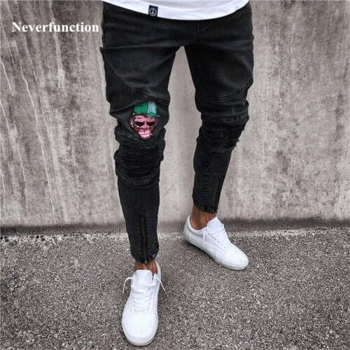 2018 Fashion Mens Skinny black Jeans Ripped Slim fit Stretch Denim Frayed Biker Jeans Boys Embroidered Patterns Pencil Trousers