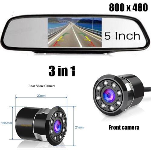3 in 1 800*480 5 inch Car Mirror Monitor Video 2 Input+8 IR CCD Car backup Rear Camera Front camera Night Vision parking assist