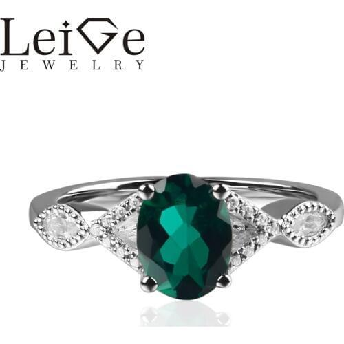 925 Silver Lab Emerald Ring Oval Cut Prong Setting Green Gemstone Promise Wedding Rings for Women May Birthstone