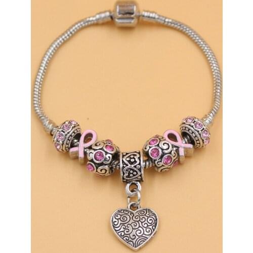 6PCS Breast Cancer Awareness Pink Ribbon Jewelry European Bead Style Heart Charm Pink Ribbon Cancer Bracelets Promotion