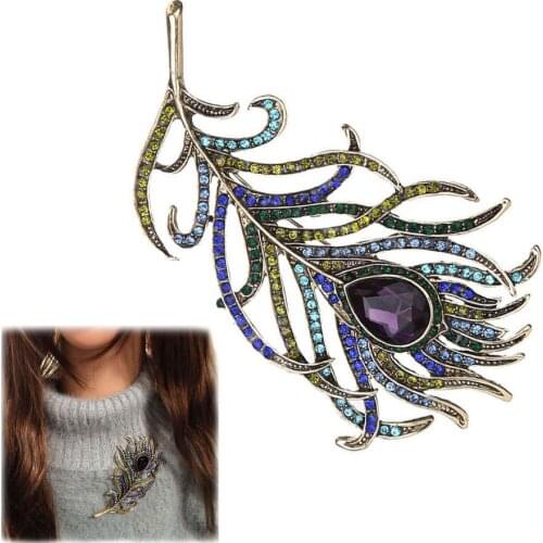 Women Romantic Feather Brooch Fashion Vintage Crystal Rhinestone Breastpin garment accessory