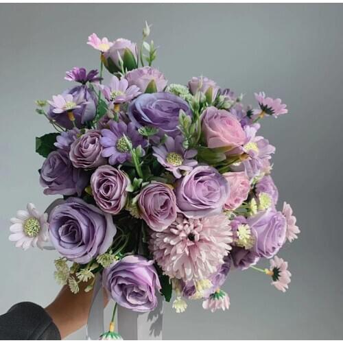 Real Touch Purple Rustic Purple Rose Flowers Wedding Bouquets Artificial Champagne Boda Bridal Bouquet Decoration For Bride PH66
