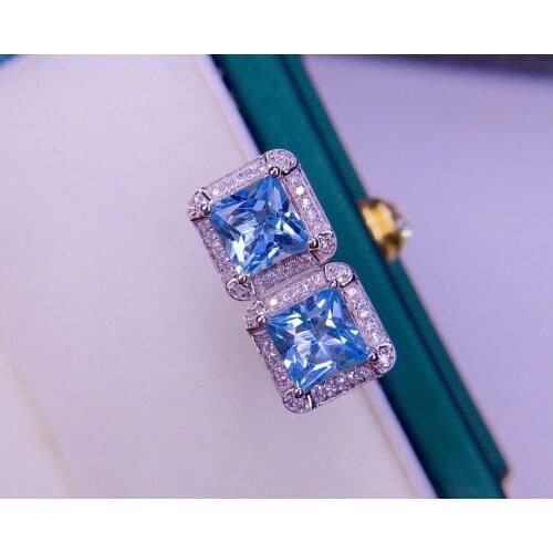 E021 Fine Jewelry Pure 18K White Gold Natural Aquamarine Gemstone 1.8ct Diamonds Females Earrings for Women FIne Earrings