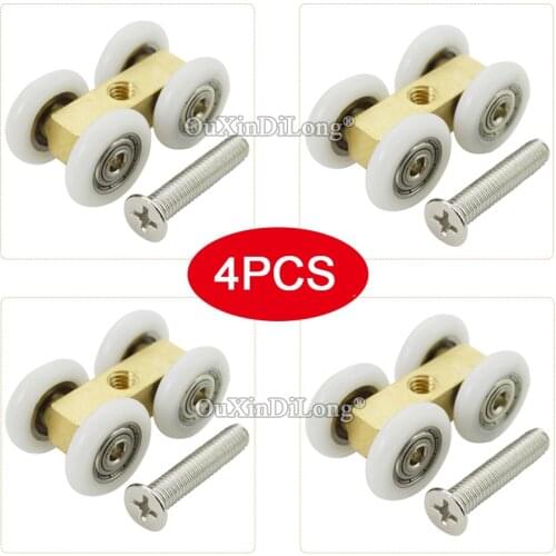 Brand New 4PCS Bathroom Shower Sliding Door Rollers Copper Hanging Pulleys 4 Nylon Smoothly and Mute Wheels Runners
