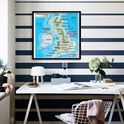 90*90cm Topography Map of The United kingdom Non-woven Canvas Painting Wall Poster Classroom Home Decoration School Supplies