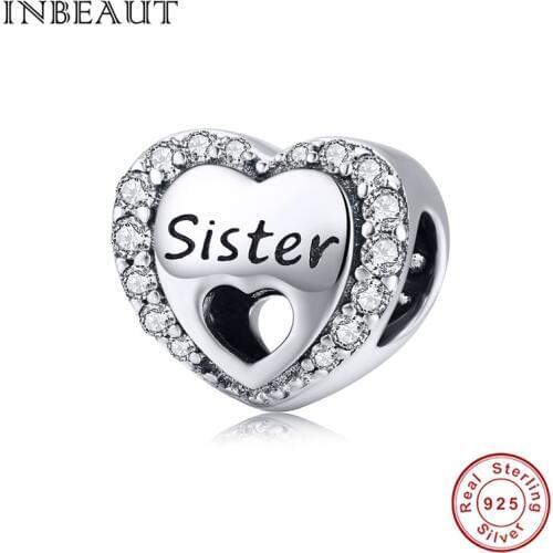 INBEAUT 100% Real 925 Sterling Silver Micro CZ Sister Heart Charms fit Brand Bracelet Family Jewelry Making Necklace Beads