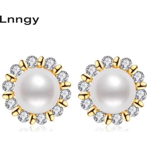 Lnngy 14K Gold Filled Flower Stud Earrings 7.5-8mm Natural Freshwater Pearl Stud Earrings Women Wedding Earrings Fine Jewelry