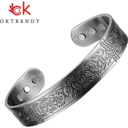 Magnetic Pure Copper Bracelets Men Women Antique Silver Plated Adjustable Wide Bangles Health Energy Bracelet for Arthritis