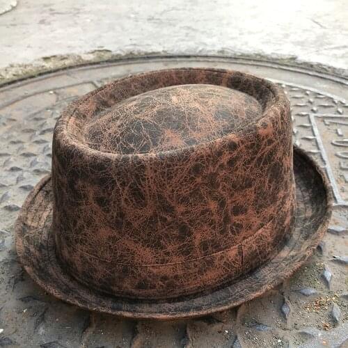 Men Leather Flat Pork Pie Hat Gentleman Fedora Hat Dad Church Jazz Hat Big 4Size S M L XL