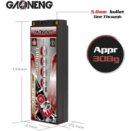 GNB 2S 7.4V 6000mAh 140C PLUS rechargeable battery Stick Pack 5mm Built-in Bullet Hard Case for 1:10 RC Car Model Parts