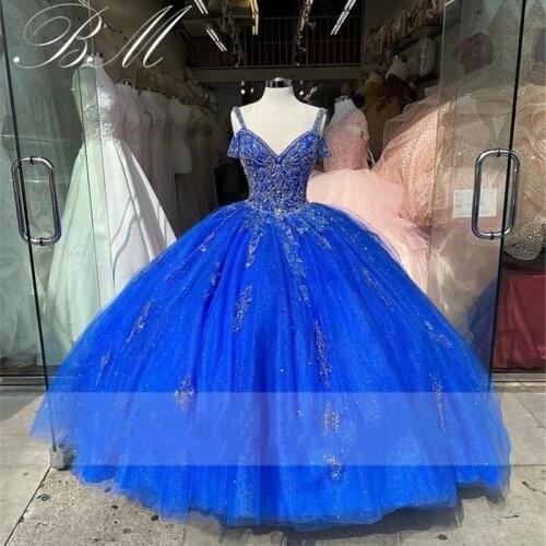 Luxury Princess Royal Blue Quinceanera Dresses Spaghetti Straps Beaded Sweet 16 Dress Corset Back Prom Gowns Vestidos De 15 Anos