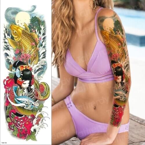 Full arm sleeve temporary tattoos large oversleeve japanese tattoo geisha waterproof fake tatoo sleeve women body sticker bikini