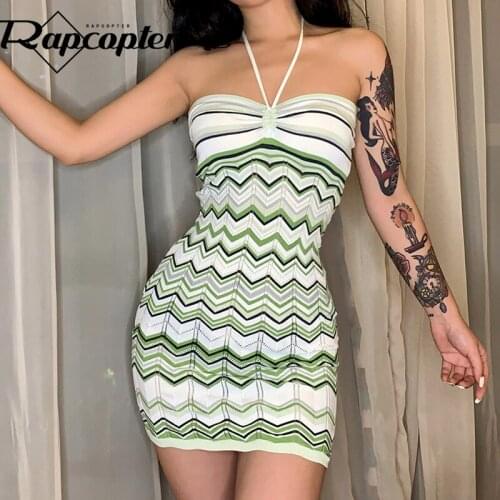 Rapcopter Wave Knitted Mini Dress y2k Vintage Halter Sundress Backless Skinny Beach Dress Women Summer Prom Party Dress 2021 90s