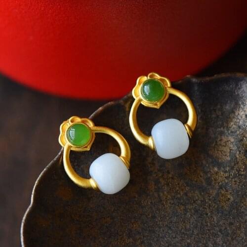 S925 Sterling Silver Gilding Inlaid Hetian Lucky Beads Stud Earrings Retro Ruyi Jasper Ladies Simple Wild Earrings