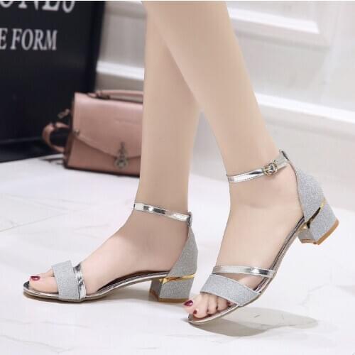 Women Sandals Summer Open Toe Shiny Womens Sandals Low Block Heel 4CM Ankle Strappy Women Shoes Gold Silver Size 40