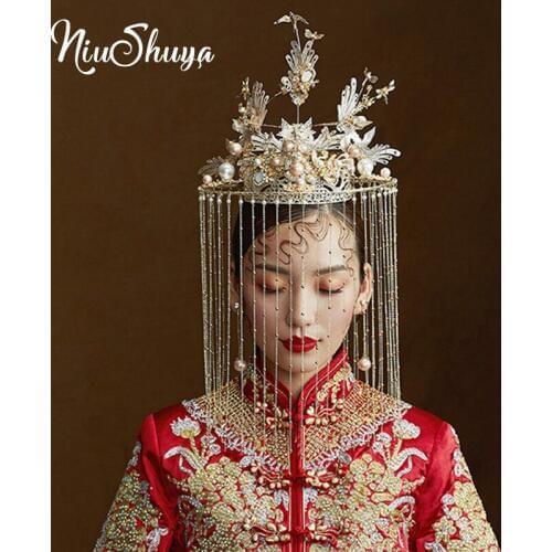 NiuShuya Vintage Chinese Style Phoenix Crown Domineering Curtain Ancient Headdress Beautiful Tassel Cover Stage Show Hair Jewelr