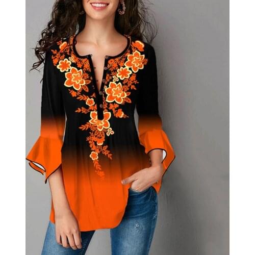 Vintage Stylish 3/4 Sleeve Gradient Color Printing T-shirt Women Vintage Shirt Gradient Color Printing for Party